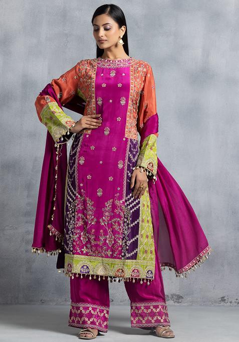 Rani Pink Multicolour Zari Embroidered Kurta Set With Palazzo And Embellished Dupatta