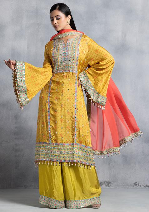 Yellow Floral Print Mirror Embellished Kurta Set With Palazzo And Contrast Dupatta