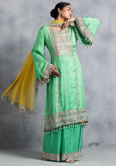 Green Floral Print Mirror Embellished Kurta Set With Palazzo And Contrast Dupatta