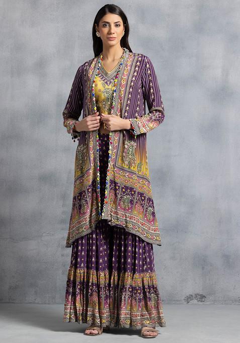 Purple Ethnic Print Sharara Set With Embellished Blouse And Printed Jacket