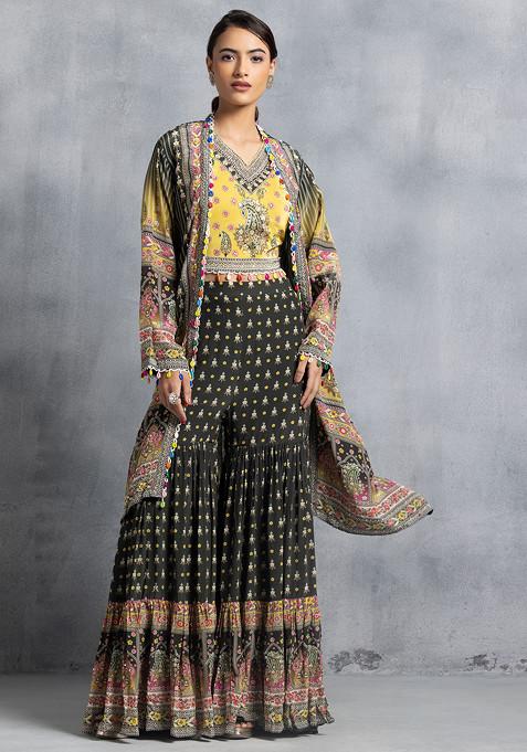 Green Ethnic Print Sharara Set With Embellished Blouse And Printed Jacket