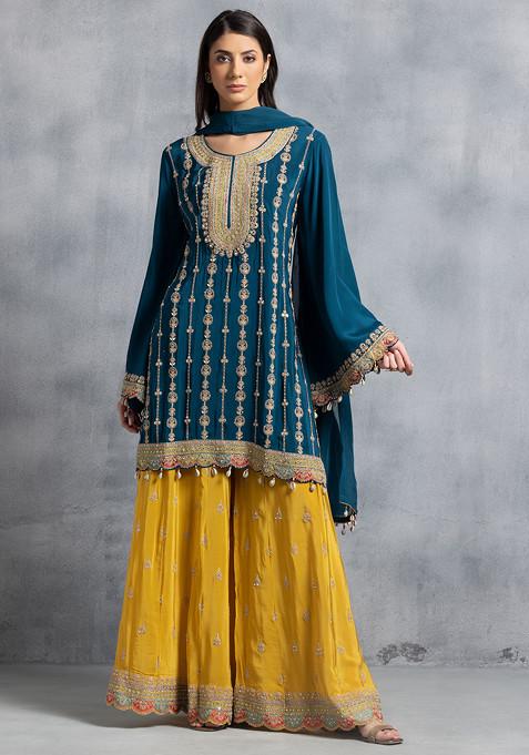 Teal Blue Zari Mirror Embroidered Kurta Set With Contrast Embroidered Palazzo And Dupatta