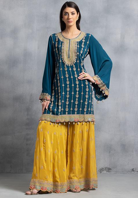 Buy Women Teal Blue Zari Mirror Embroidered Kurta Set With Contrast ...