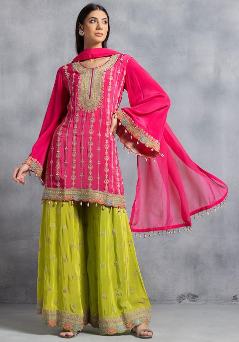 Hot Pink Zari Mirror Embroidered Kurta Set With Contrast Embroidered Palazzo And Dupatta