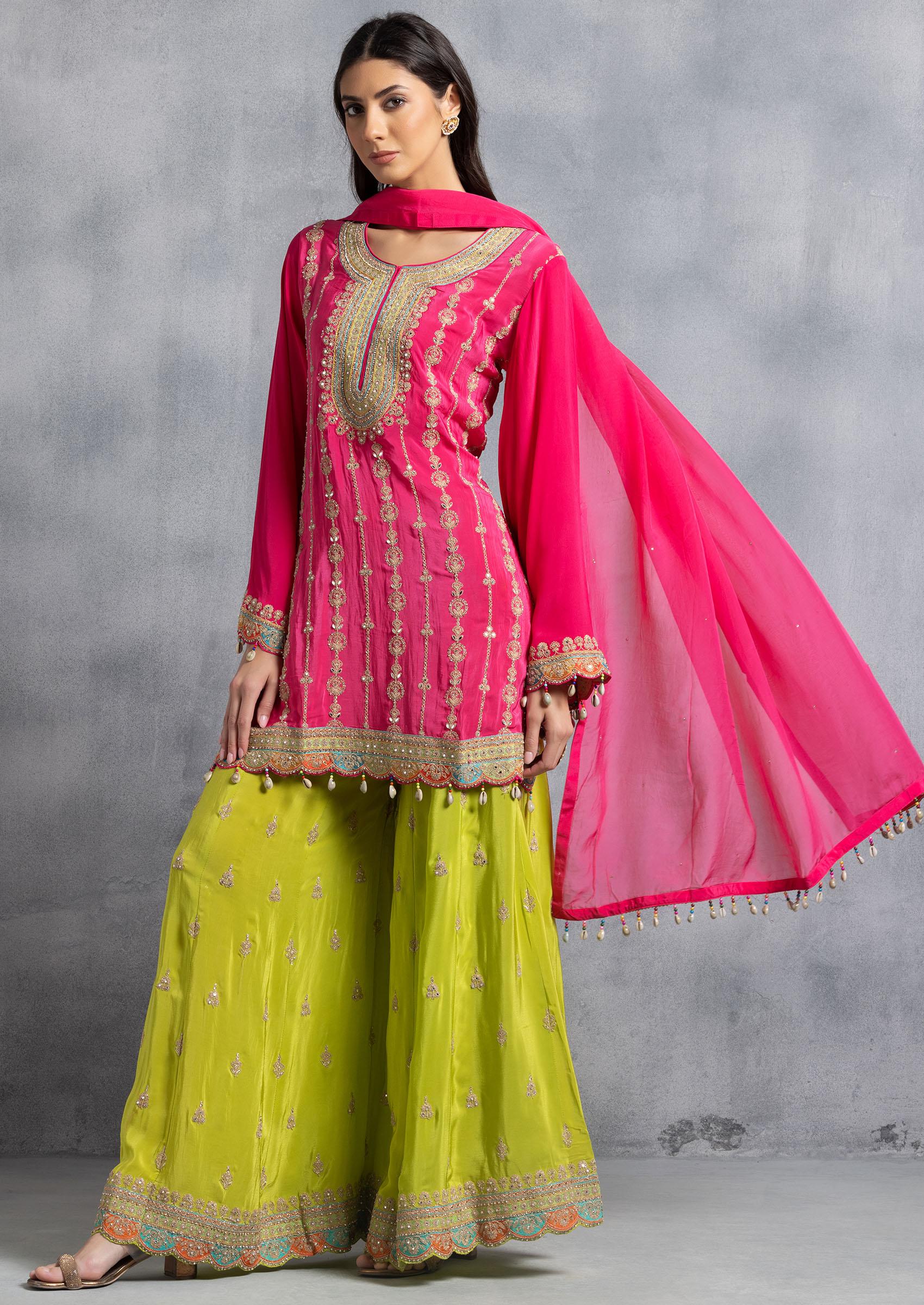 Buy Women Hot Pink Zari Mirror Embroidered Kurta Set With