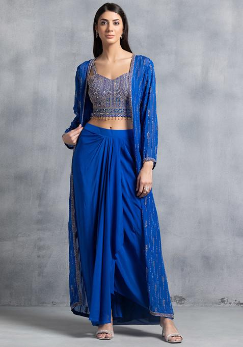 Royal Blue Sequin Bead Embroidered Jacket Set With Embellished Blouse And Skirt