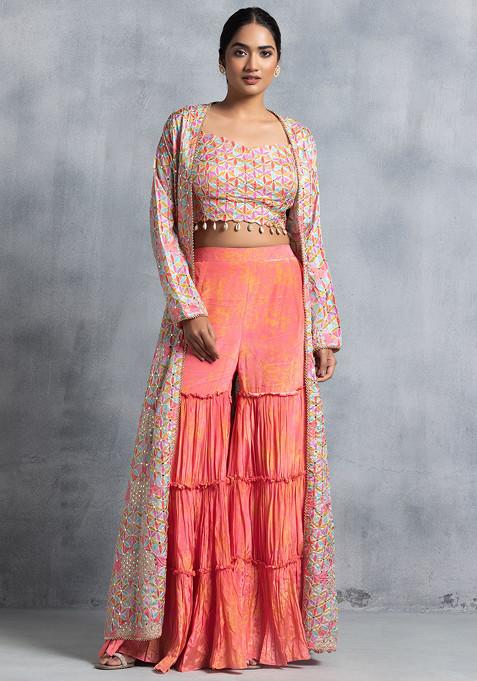 Pink Sharara Set With Multicolour Embellished Blouse And Jacket