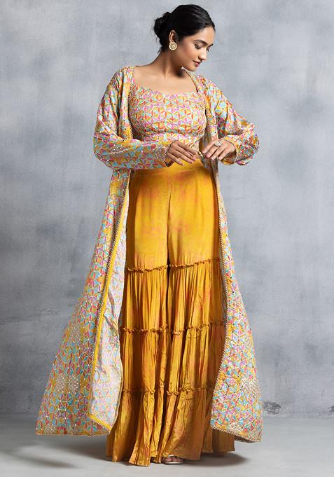 Yellow Sharara Set With Multicolour Embellished Blouse And Jacket