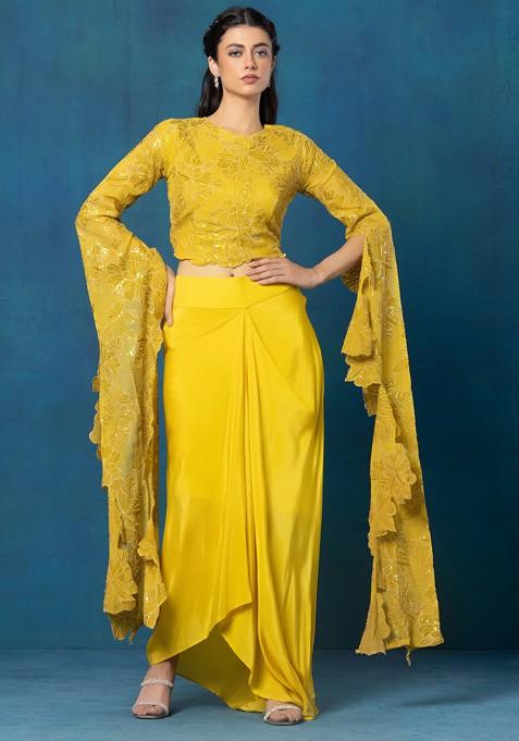 Yellow Pleated Skirt Set With Thread Hand Embroidered Blouse