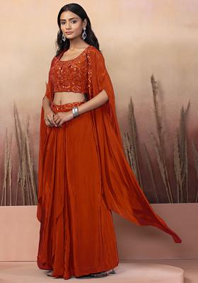 Orange Lehenga Set With Sequin Hand Work Blouse And Jacket