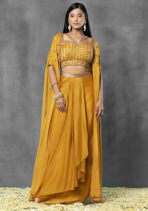 Mustard Jacket Set With Floral Sequin Hand Embroidered Blouse And Pleated Skirt