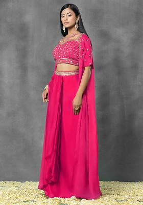 Hot Pink Jacket Set With Floral Sequin Hand Embroidered Blouse And Pleated Skirt