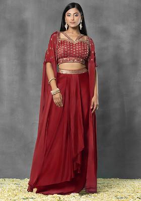 Maroon Jacket Set With Floral Sequin Hand Embroidered Blouse And Pleated Skirt