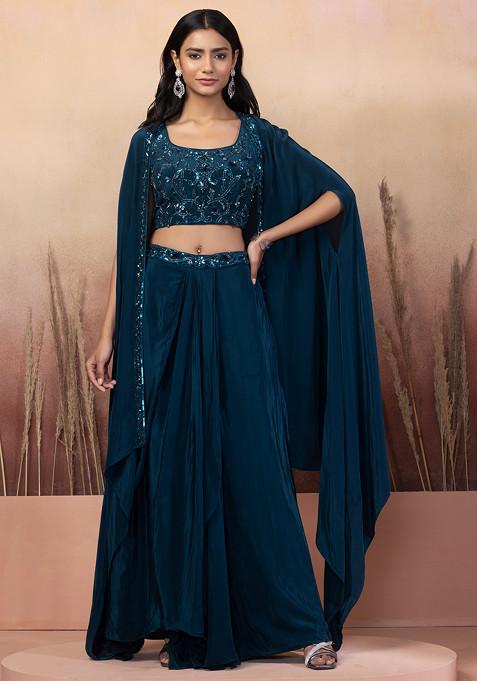 Teal Blue Lehenga Set With Sequin Hand Work Blouse And Jacket