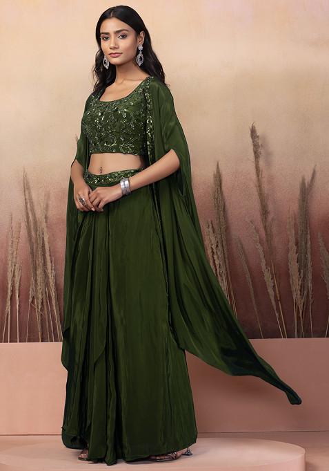 Olive Green Lehenga Set With Sequin Hand Work Blouse And Jacket