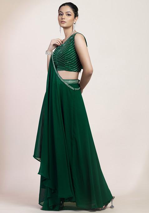 Green Lehenga Set With Sequin Hand Work Blouse And Cape