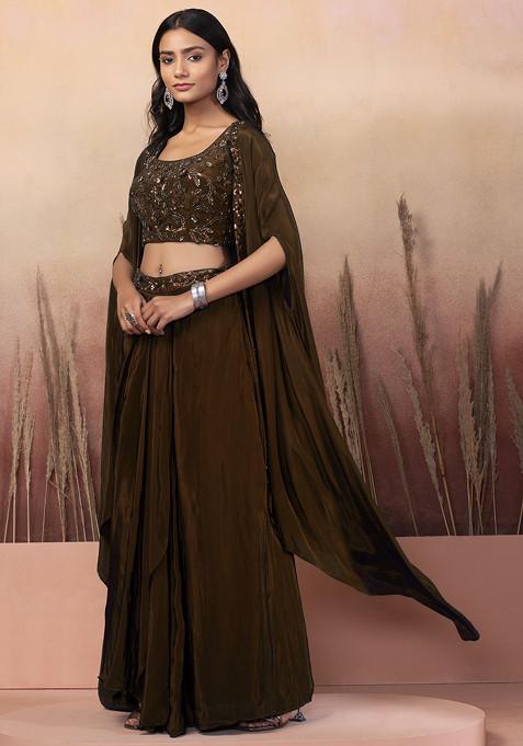 Brown Lehenga Set With Sequin Hand Work Blouse And Jacket