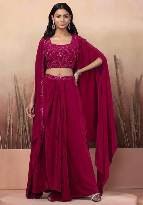 Hot Pink Lehenga Set With Sequin Hand Work Blouse And Jacket