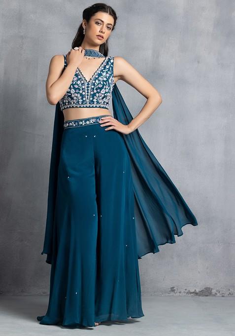 Teal Blue Sharara Set With Floral Sequin Hand Work Blouse And Dupatta