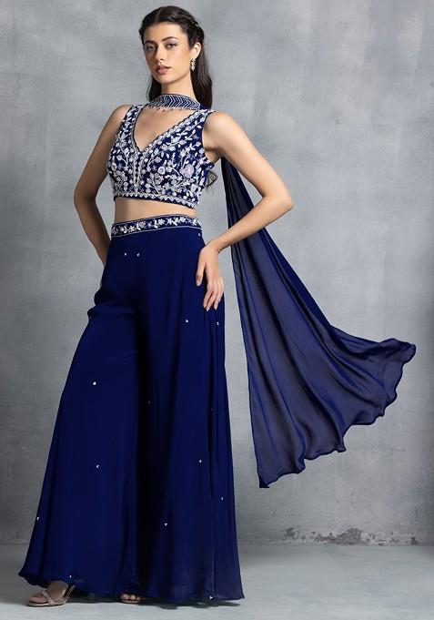 Blue Sharara Set With Floral Sequin Hand Work Blouse And Dupatta