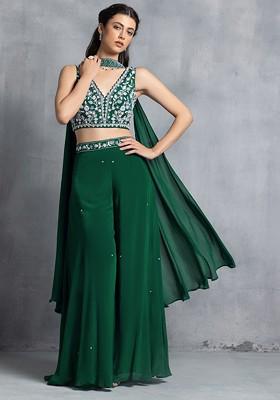 Green Sharara Set With Floral Sequin Hand Work Blouse And Dupatta