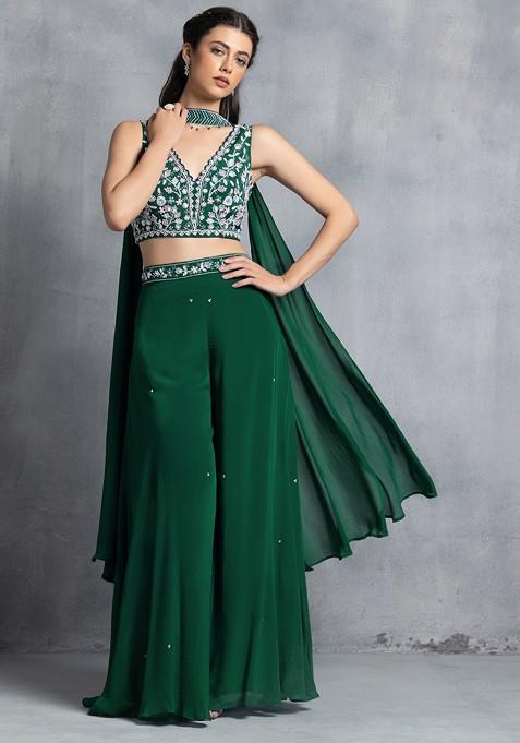Green Sharara Set With Floral Sequin Hand Work Blouse And Dupatta