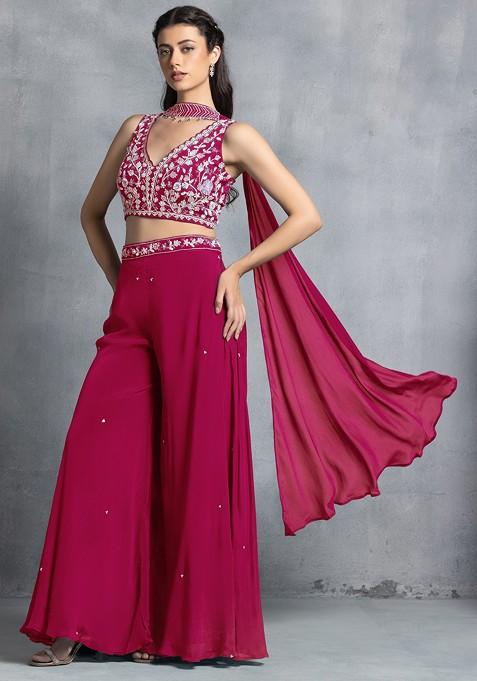 Hot Pink Sharara Set With Floral Sequin Hand Work Blouse And Dupatta