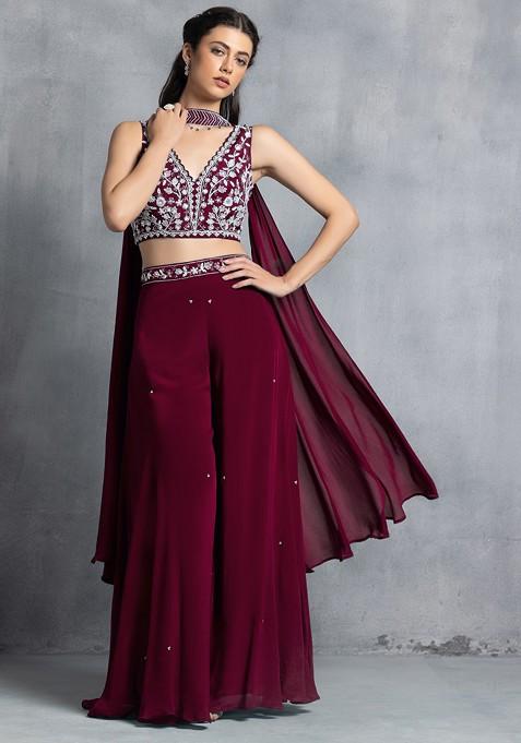 Maroon Sharara Set With Floral Sequin Hand Work Blouse And Dupatta