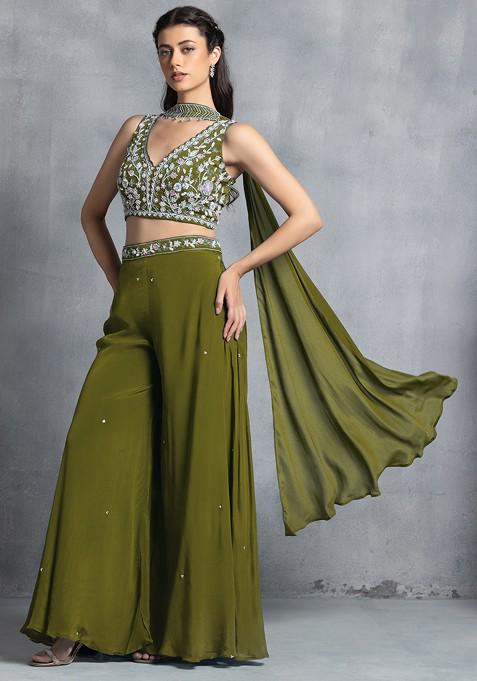 Olive Sharara Set With Floral Sequin Hand Work Blouse And Dupatta