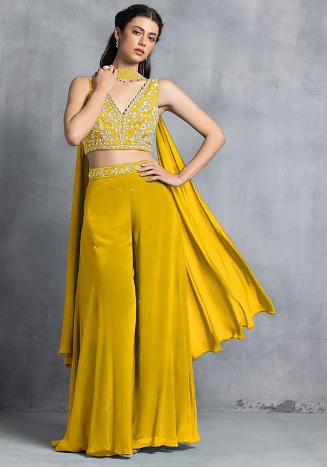 Yellow Sharara Set With Floral Sequin Hand Work Blouse And Dupatta