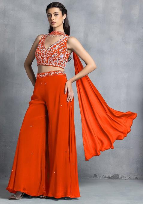 Orange Sharara Set With Floral Sequin Hand Work Blouse And Dupatta