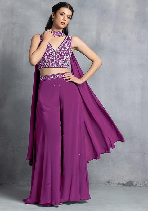 Purple Sharara Set With Floral Sequin Hand Work Blouse And Dupatta