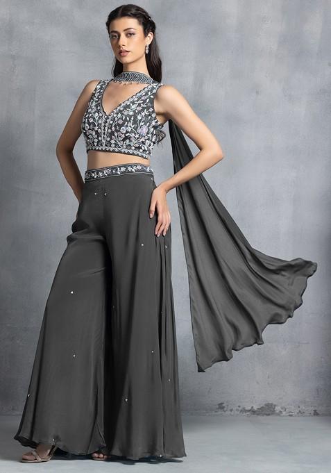 Grey Sharara Set With Floral Sequin Hand Work Blouse And Dupatta