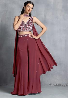 Rusty Rose Sharara Set With Floral Sequin Hand Work Blouse And Dupatta