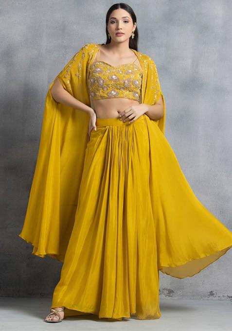 Mustard Bead Embroidered Jacket Set With Floral Hand Embroidered Blouse And Pleated Skirt