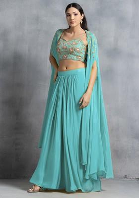 Light Blue Bead Embroidered Jacket Set With Floral Hand Embroidered Blouse And Pleated Skirt