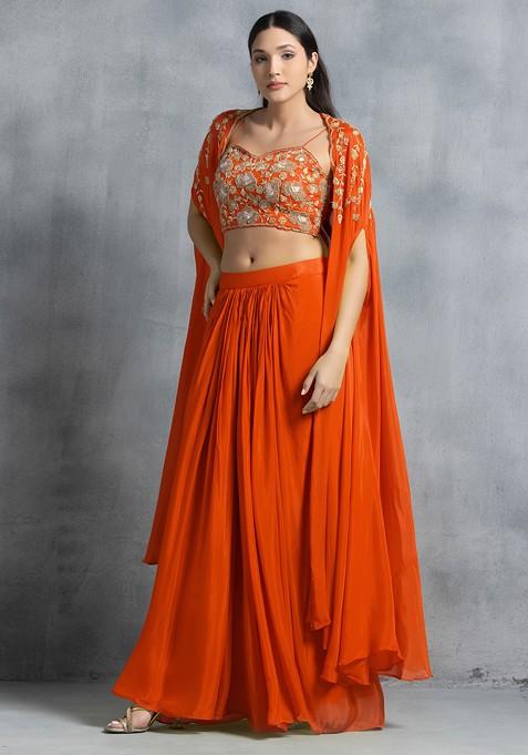 Orange Bead Embroidered Jacket Set With Floral Hand Embroidered Blouse And Pleated Skirt