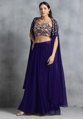 Blue Bead Embroidered Jacket Set With Floral Hand Embroidered Blouse And Pleated Skirt