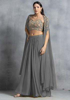 Grey Bead Embroidered Jacket Set With Floral Hand Embroidered Blouse And Pleated Skirt