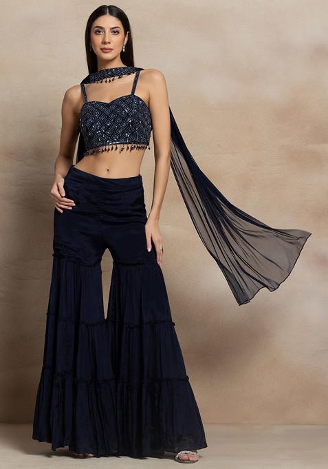 Indigo Blue Tiered Sharara Set With Sequin Hand Embroidered Blouse And Dupatta