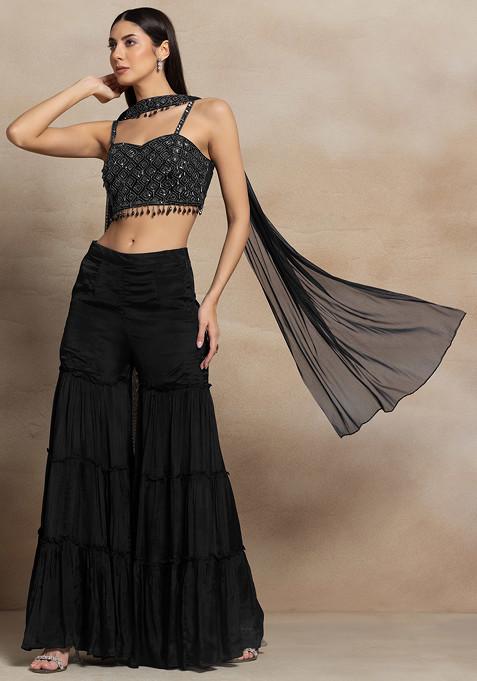 Black Tiered Sharara Set With Sequin Hand Embroidered Blouse And Dupatta