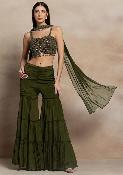 Olive Tiered Sharara Set With Sequin Hand Embroidered Blouse And Dupatta