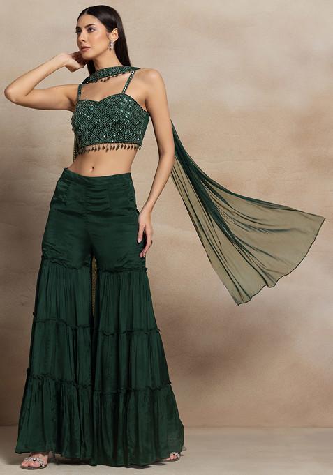 Green Tiered Sharara Set With Sequin Hand Embroidered Blouse And Dupatta