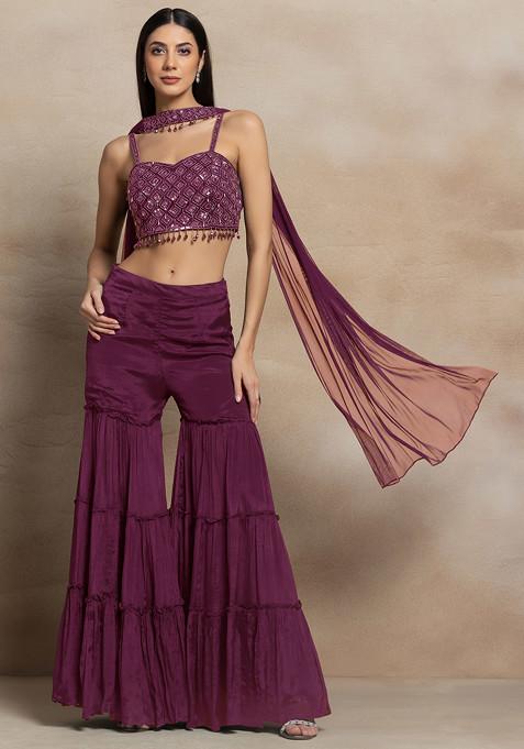 Purple Tiered Sharara Set With Sequin Hand Embroidered Blouse And Dupatta