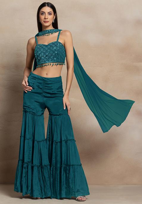 Turquoise Tiered Sharara Set With Sequin Hand Embroidered Blouse And Dupatta