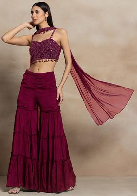 Pink Tiered Sharara Set With Sequin Hand Embroidered Blouse And Dupatta