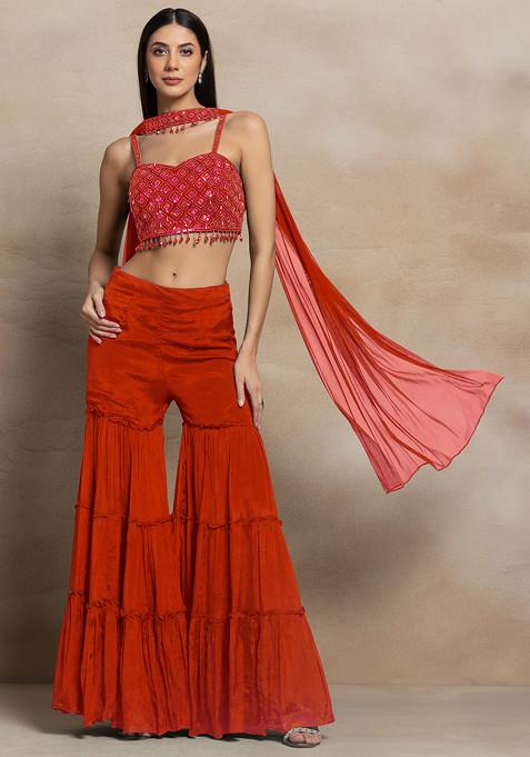 Orange Tiered Sharara Set With Sequin Hand Embroidered Blouse And Dupatta