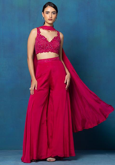 Hot Pink Sharara Set With Sequin Hand Work Blouse And Dupatta