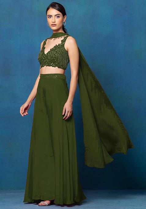 Olive Sharara Set With Sequin Hand Work Blouse And Dupatta