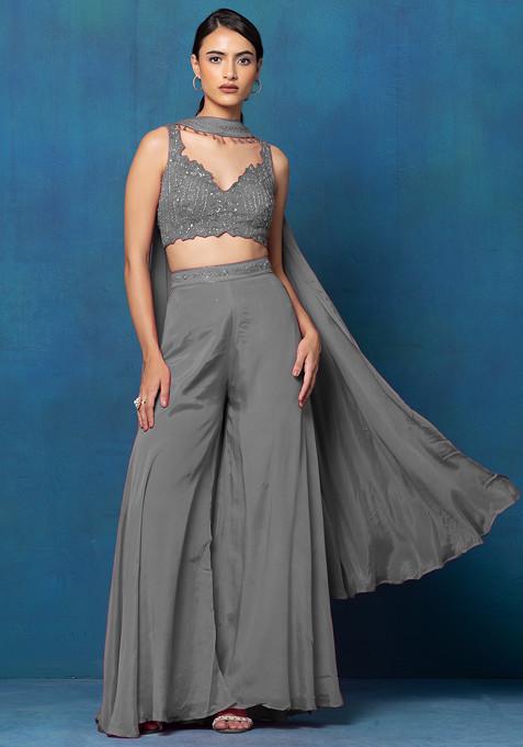 Grey Sharara Set With Sequin Hand Work Blouse And Dupatta